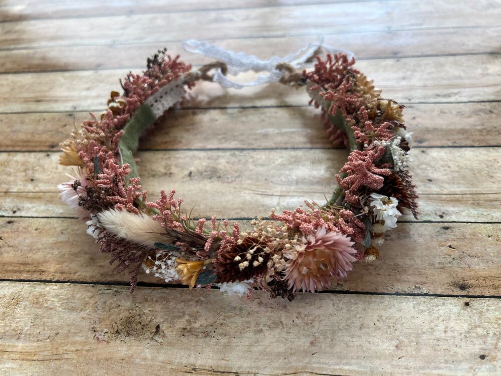 Coral/ Burgundy Floral Halo Crown Adjustable Tie Back Toddler Size NEW